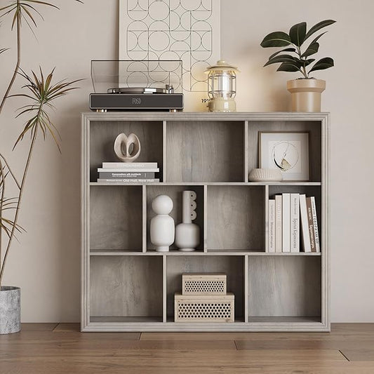 Wooden 10-Cube Storage Organizer, 3-Tier Bookshelf, Wood Grey Bookshelf, Bookcase, Cubical Storage Shelf with 3 Removable Back Panels for Bedroom Home and Office