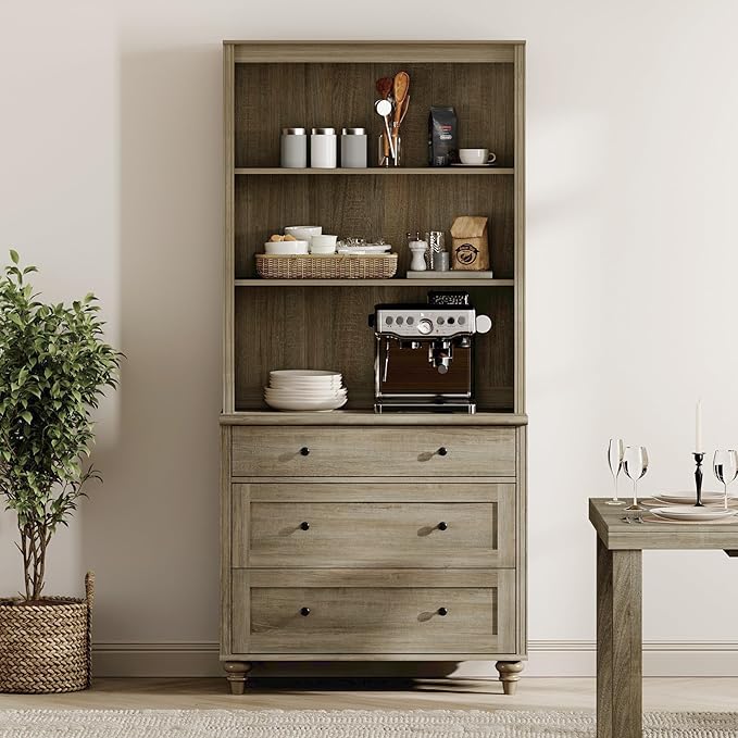 WAMPAT 72" Tall Bookcase Large Display Book Case Shelf with 3-Tier Open Book Shelfs, 3 Tier Farmhouse Style Bookshelf with 3 Drawers, Wood Bookshelves for Living Room or Study Room, Wash Grey