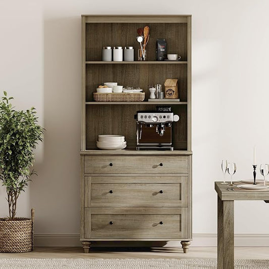 WAMPAT 72" Tall Bookcase Large Display Book Case Shelf with 3-Tier Open Book Shelfs, 3 Tier Farmhouse Style Bookshelf with 3 Drawers, Wood Bookshelves for Living Room or Study Room, Wash Grey