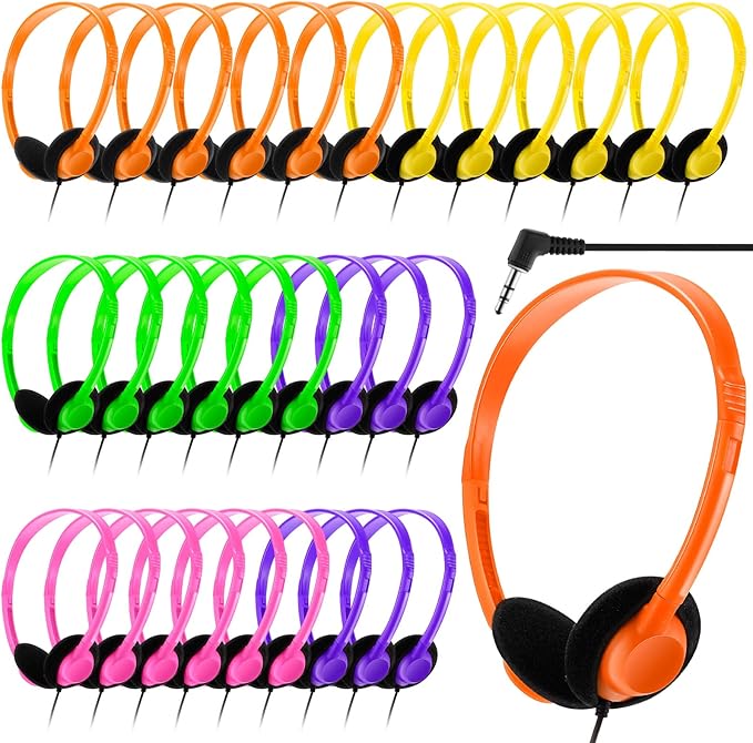 Yunsailing 30 Pack Class Set Headphones for Students Bulk School Headsets Earphones with 3.5mm Jack Classroom Must Haves Teacher Supplies for Adults Laptop Computer(Light Color)