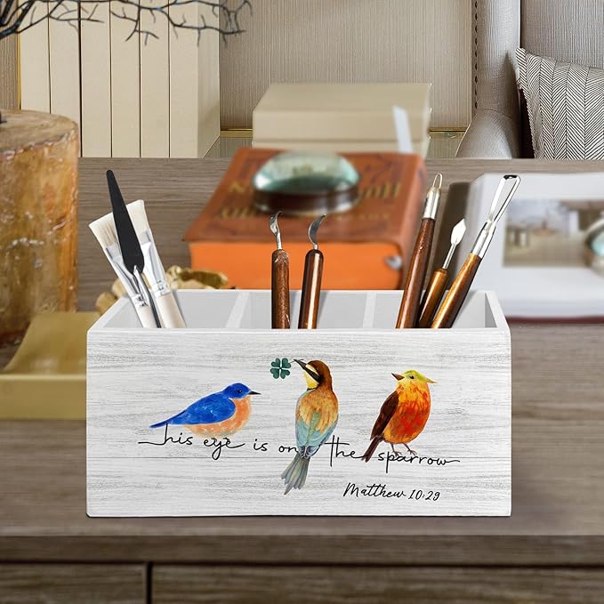 Christian Bird Pen Pencil Holder Organizer for Desk Accessories, Religious Bible Verse Scripture Wooden Box Sign Desk Decor for Home Office Decoration, Bird Lover Gifts