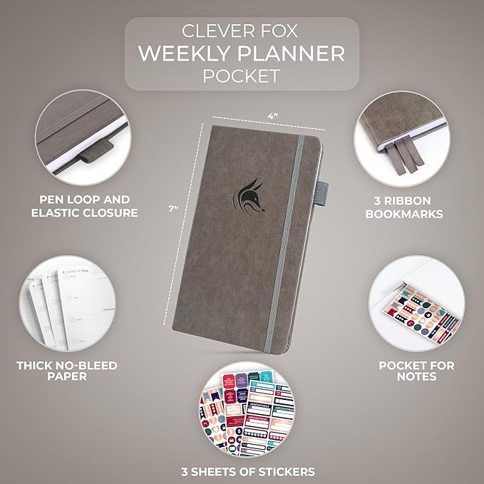 Clever Fox Pocket Planner Weekly – Undated Monthly Goal Planner and Calendar, Mini Planner Perfect for Purse, 3.7x6.7" (Gray)
