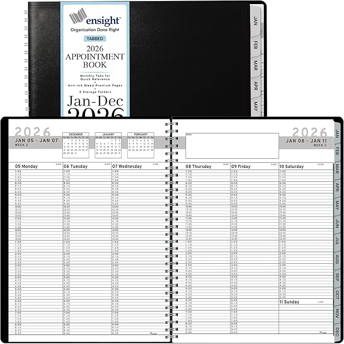 Ensight 2026 Appointment Book and Planner 8.5" x 11" Large Hourly Weekly Daily Schedule Book with Tabs, 15 Minute Time Slots, Black Calendar Organizer Jan 2026–Dec 2026 Appointment Planner - Black