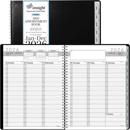 Ensight 2026 Appointment Book and Planner 8.5" x 11" Large Hourly Weekly Daily Schedule Book with Tabs, 15 Minute Time Slots, Black Calendar Organizer Jan 2026–Dec 2026 Appointment Planner - Black