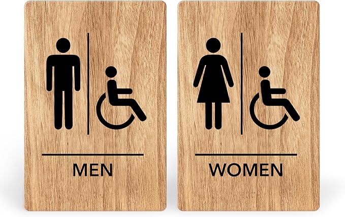 Promot Men and Women Handicap Restroom Sign – ADA Braille Bathroom Sign for Business, Self-Adhesive, 9" x 6", Commercial Door Signage, Office Wall Decor - Oak