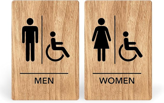 Promot Men and Women Handicap Restroom Sign – ADA Braille Bathroom Sign for Business, Self-Adhesive, 9" x 6", Commercial Door Signage, Office Wall Decor - Oak