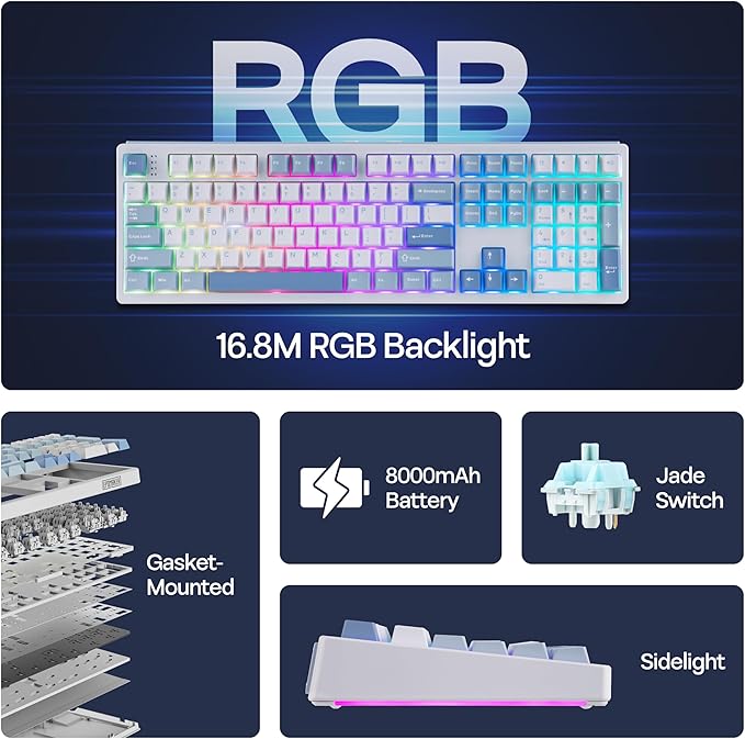 EPOMAKER TH108 Full Size Mechanical Keyboard, Wireless Gaming Keyboard, 8000mAh Battery, Creamy Gasket, 108 Keys, Hot Swap, Custom Driver, RGB Backlights (Blue&White, Creamy Jade Switch)