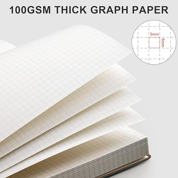 AHGXG Graph Paper Notebook - 320 Pages Grid Paper Notebook Large Journal B5, 100gsm Thick Graph Paper, Leather Softcover, Inner Pocket, 7.6'' X 10''- GrayBlue