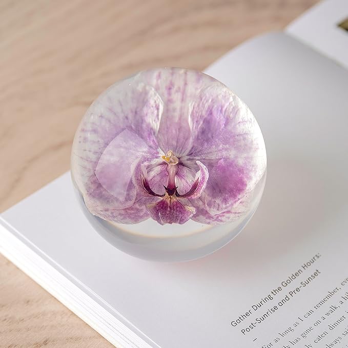 Real Purple Orchid Paperweight - Home Decor Crystal Resin Ball 3.14in (80mm) - Clear Resin Purple Orchid Flower Globe for Special Days - Sphere Figurine Office Paperweight w/Flat Bottom