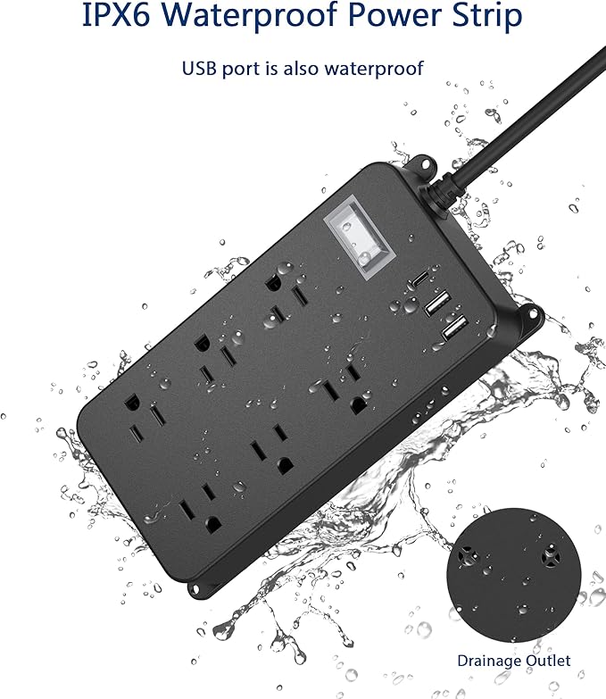 Outdoor Surge Protector Weatherproof,Mountable Power Strip with USB C,IPX6 Waterproof Extension Cord Multiple Outlet for Patio Accessories,6 Outlets and 3 USB Ports,25ft Cable,Flat Plug(2000 Joules)