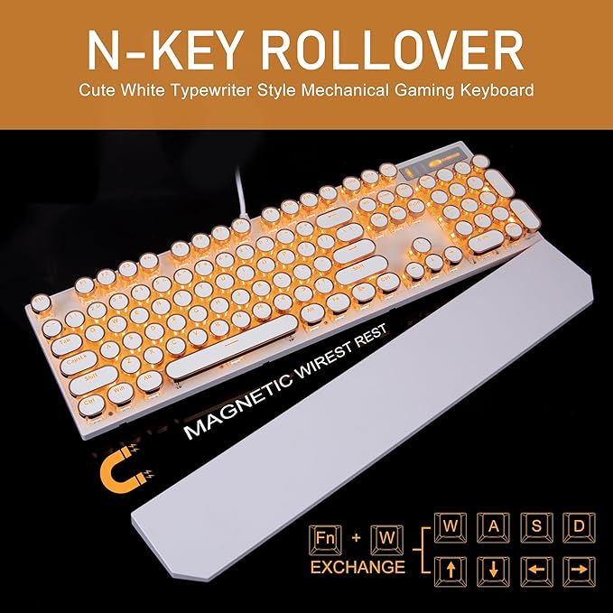 Typewriter Style Mechanical Keyboard, Retro Punk Gaming Keyboard with Gold LED Backlit, Cute Wired Keyboards,104 Keys Full Size Keyboards, Uique Round Keycaps for Windows/Mac/PC(White&Gold)