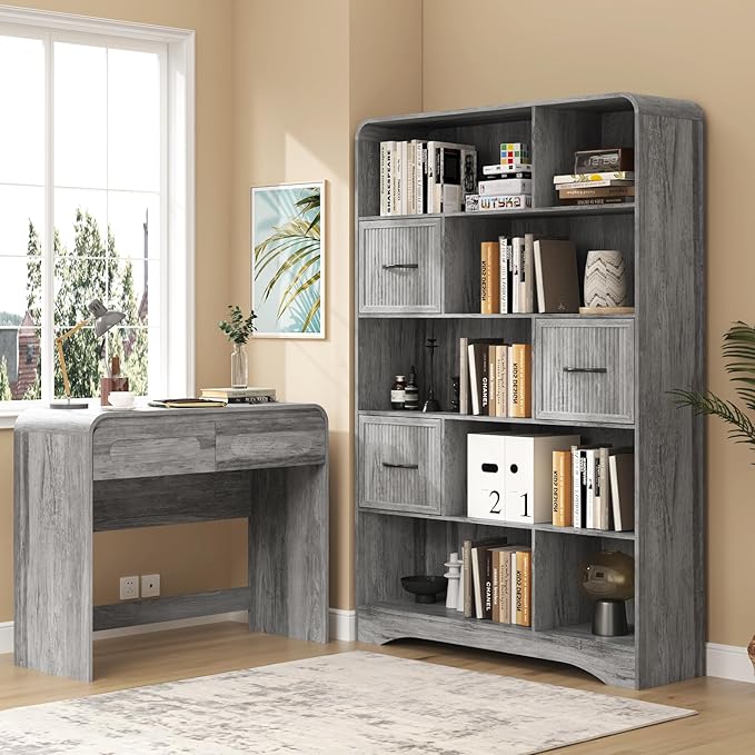 70" Tall Book Shelf and Bookcase, Tall Bookshelf with Storage, 48" Wide Modern Bookcase with Drawers Adjustable 3 Bins Storage, Large Bookshelf Wood 13" Deep Display Shelves for Living Room, Grey
