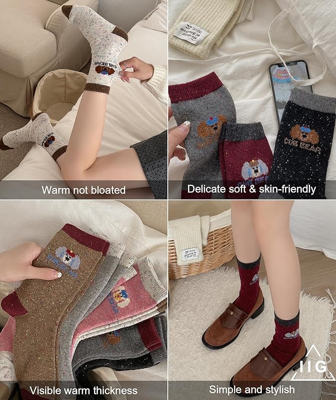 IIG Cute Warm Wool Socks for Women Super Cozy Thick Crew Winter Socks Gifts, 5 Pairs