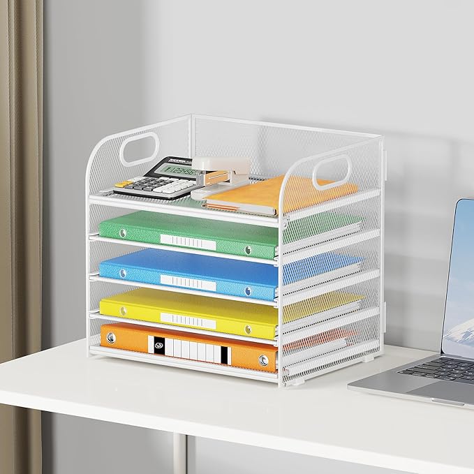 Lavatino 5 Tray Paper Organizer Letter Tray with Handle - Mesh Desk File Organizer, Paper Sorter Organizer for Office, Home or School File Folder Holder - White