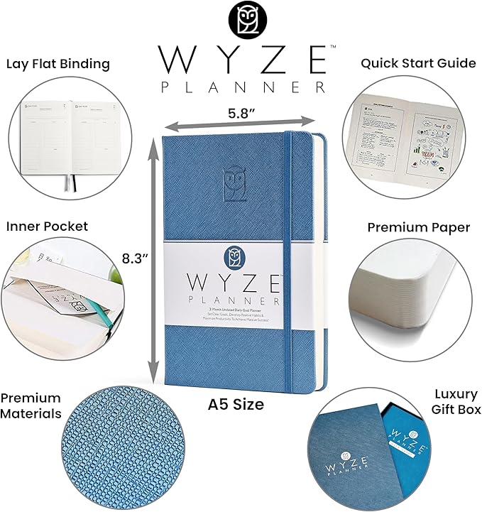 Undated Daily Planner – 3-Month A5 Productivity Organizer with Full Page Per Day, Hourly Schedule, Goal Setting, Habit Tracker, Weekly & Monthly Pages – Hardcover Time Management Notebook (Blue)