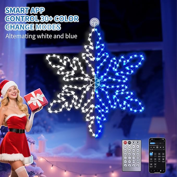Led Snowflake Lights Outdoor, 36" 219 LED Smart Blue White Snowflake Christmas Lights with APP Remote Control Timer Music Sync, Metal Frame & Removable for Christmas Window Decorations