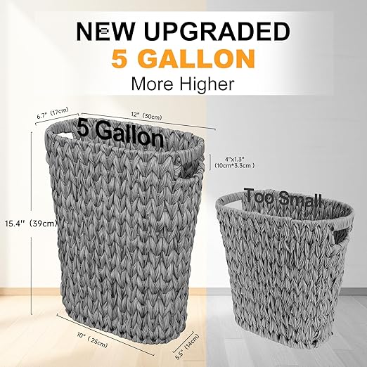 5 Gallon Wicker Trash Can,Wicker Bathroom Trash Can with Handles,Handwoven Waste Basket Waterproof Narrow Small Garbage Can for Bedroom,Bathroom,Office,Grey/20 Liters