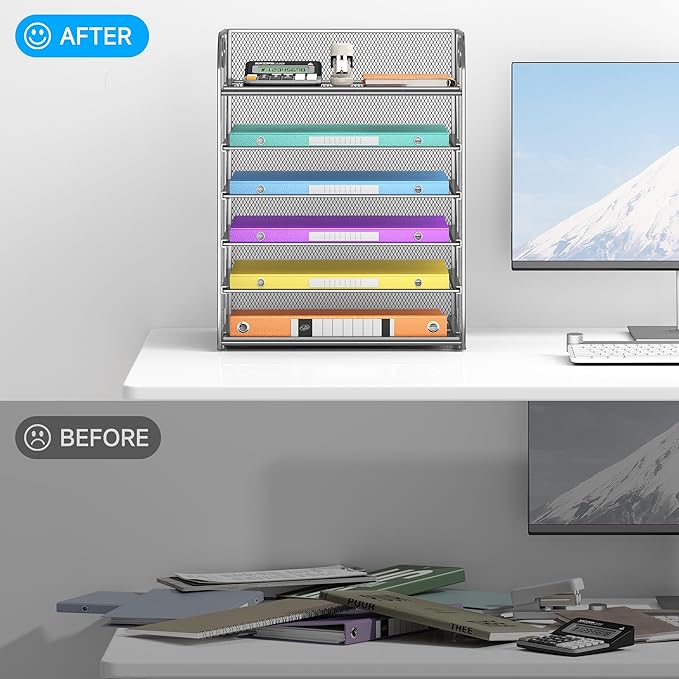 6 Tray Paper Organizer Letter Tray with Handle - Mesh Desk File Folder Holder, Paper Sorter for Office, Home or School - Silver