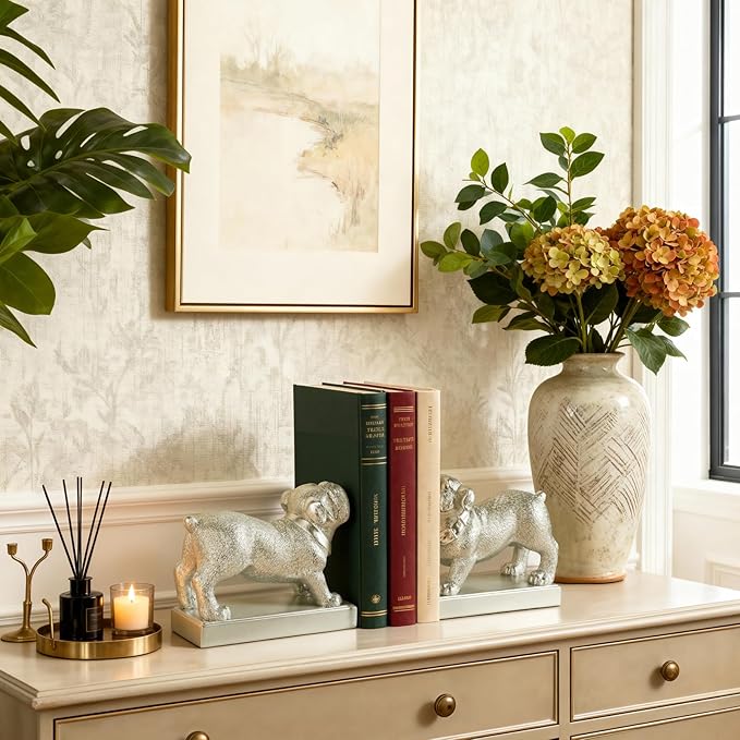 Decorative Bookends for Shelves, Dog Book Ends for Heavy Books, Bulldog Statues Bookends for Heavy Books with Anti-Slip Base Book Holders for Home Office Decor (Silver)