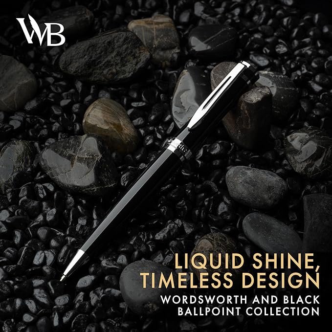 Wordsworth and Black Ballpoint Pen Black Lacquer- Stunning Luxury Pen Chrome Finish, Ink Refill, Best Gift Set for Men & Women, Refillable, Elegant, Nice Pens, Fine Point
