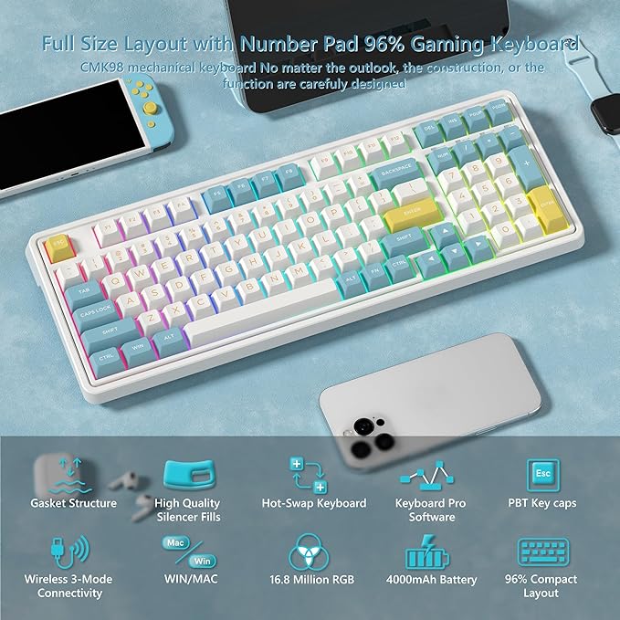 CMK98 Wireless Mechanical Gaming Keyboard with Number Pad, Tri-Mode Hot Swappable, 99 Key Custom Keyboard, Linear Switches, Gasket Creamy, RGB for Win/MAC