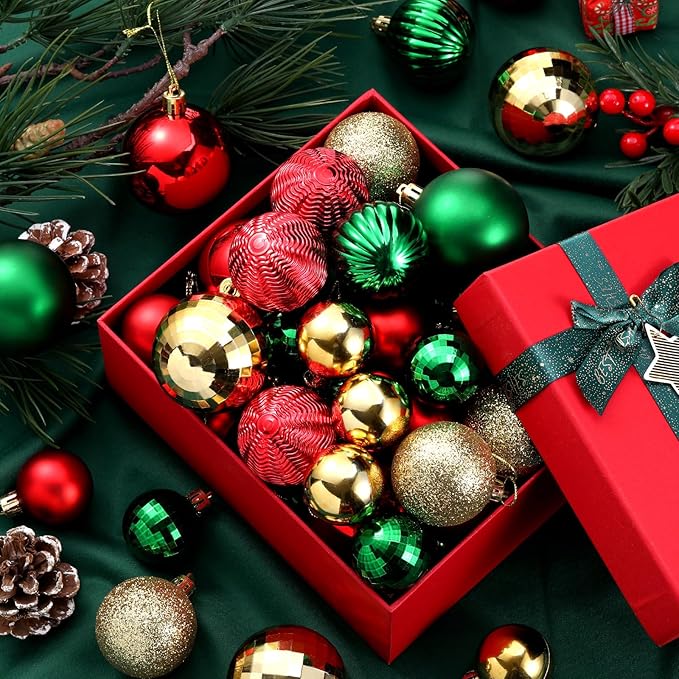 64 Pcs Christmas Ball Ornaments for Christmas Tree Glitter Red Gold Green Ball Ornament Hanging Christmas Decoration Assorted Size Christmas Ornament for Party Supplies, 1.6/1.97/2.4 Inch