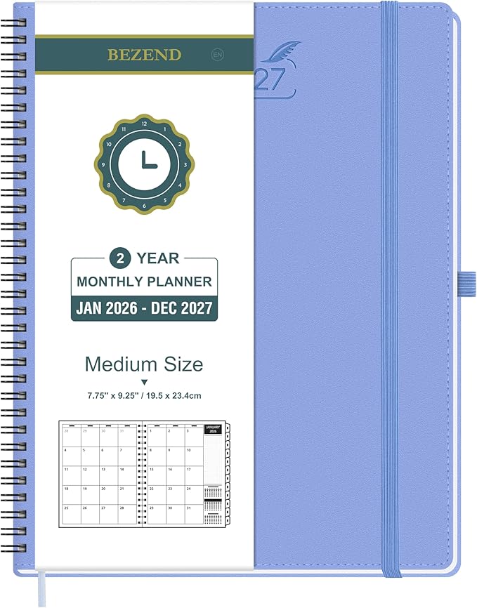 BEZEND Monthly Planner 2026-2027 (Spiral-7" x 9") 2 Year Calendar Book with Note Pages - Jan 26 to Dec 27-120 GSM Paper, Inner Pockets, Laminated Tabs, Vegan Leather Softcover - Cornflower