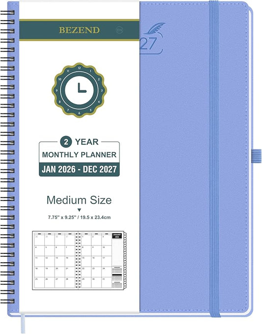 BEZEND Monthly Planner 2026-2027 (Spiral-7" x 9") 2 Year Calendar Book with Note Pages - Jan 26 to Dec 27-120 GSM Paper, Inner Pockets, Laminated Tabs, Vegan Leather Softcover - Cornflower