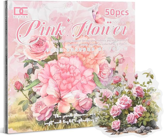 Snycler Scrapbooking Supplies, Vintage Journaling - 25 Sheets PET & 25 Sheets Paper Stickers, DIY Craft Stickers for Junk Journals, Ephemera Sticker Book, Pink Flower Themes, Pre-Cut Designs