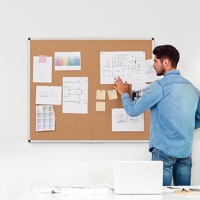 Board2by Extra Large Cork Bulletin Board 48" X 48", Foldable Notice Pin Board for Wall, Silver Aluminum Framed 4'x4' Corkboard, Wall Mounted Noticeboard with 36 Push Pins for School, Home & Office