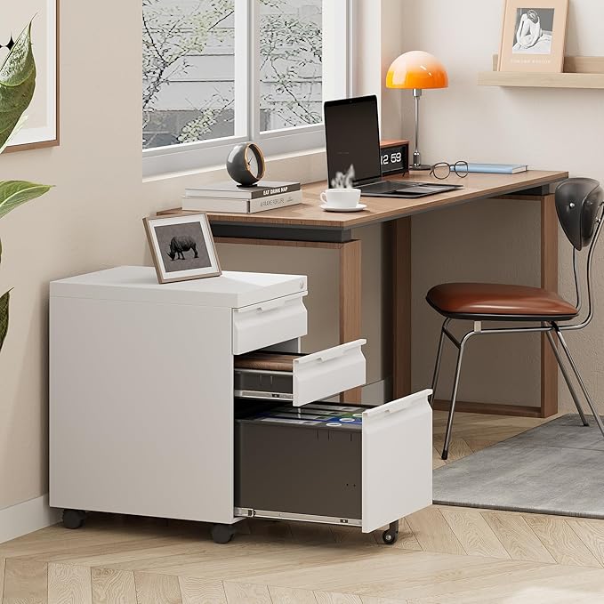 3 Drawer Mobile File Cabinet with Lock,Under Desk Metal Filing Cabinets with Wheels for Home Office Organizer Letters/Legal/A4(Easy Assemble-White)