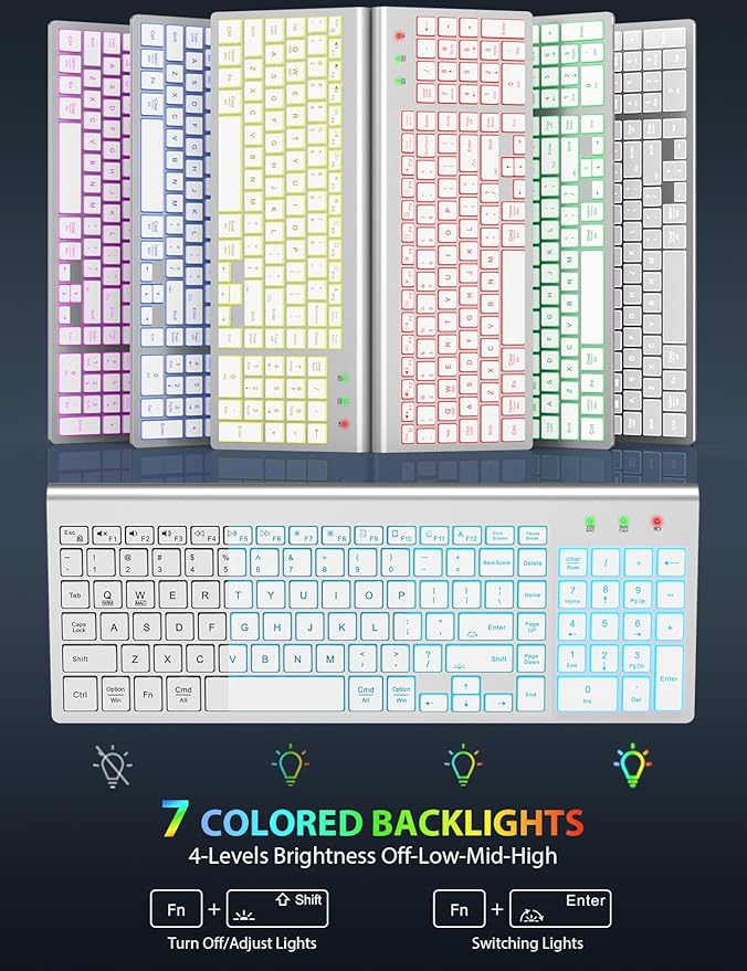 SABLUTE Wireless Keyboard and Mouse Combo Backlit - Compact Quiet Keyboard with RGB Mouse, Rechargeable, Slim, Sleep Mode, Portable Cordless Set for Mac, Windows, Laptop, PC (Silver White)