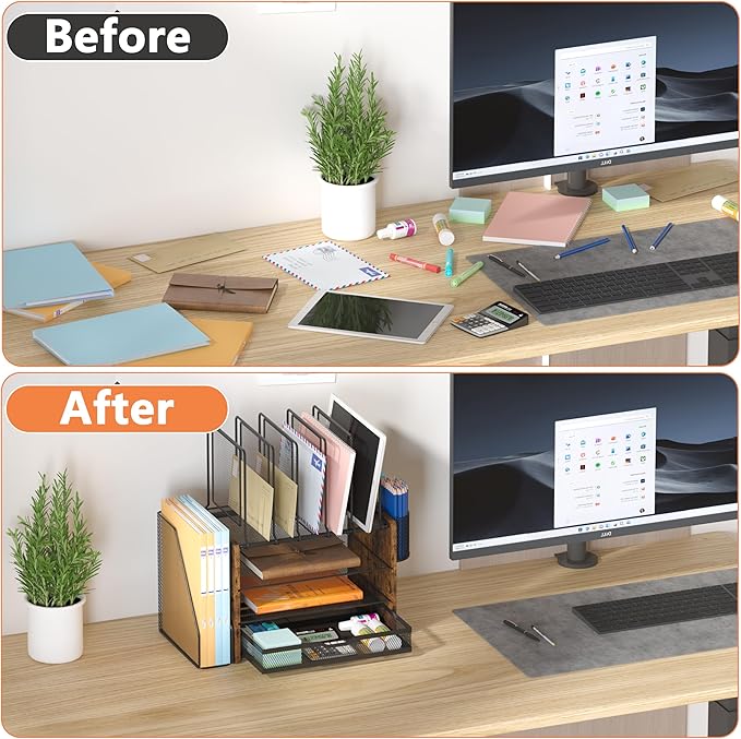 Piskyet Desk Organizer and Accessories, Wooden Desk File Organizer with Drawer,5 Vertical File Holders and 2 Pen Holders,Fancy Desktop Storage for Home Office