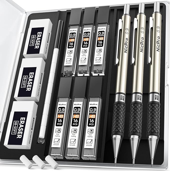 Nicpro RG1000 0.9 mm Art Mechanical Pencil Set in Storage Case, 3 PCS Metal Drafting Pencil Lead Pencil with 6 Tube HB Refills, 3 Erasers, 9 PCS Eraser Refills for Artist Writing, Drawing, Sketching