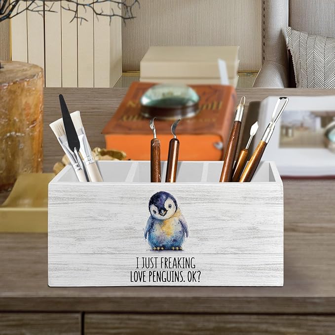 Penguin Gifts Pen Pencil Holder Organizer for Desk Accessories, I Just Freaking Love Penguins Okay Wooden Box Sign Desk Decor for Office Decoration, Cute Penguin Gifts for Women Men