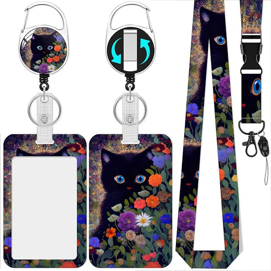 Black cat Badge Holder Reel Lanyard,Flower ID Card Badge Holder Retractable Name Tag Clips for Doctor Nurse Teacher Office Student