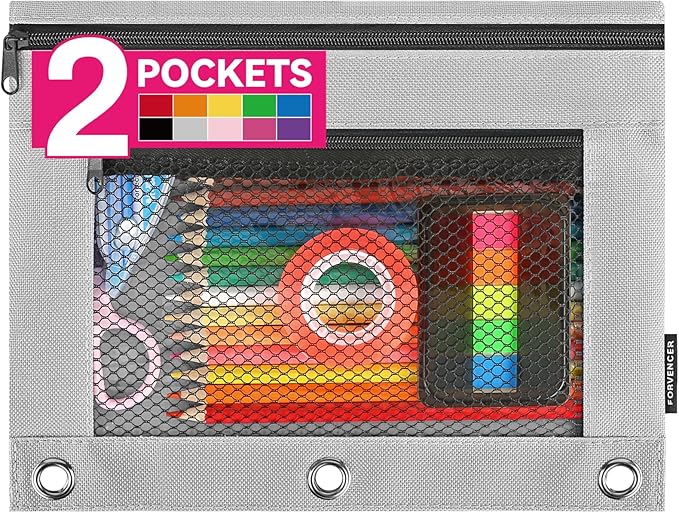 Forvencer Adorable Zipper Pencil Pouch, Cute Zipper Pouch for 3-ring Binders, Sturdy Binder Pouch with Smooth Zippers, Perfect for Students & Back to School, Portable Pencil Bag, Gray