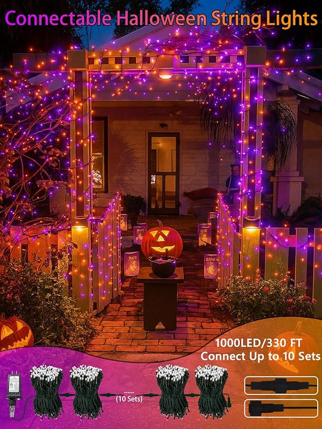 2-Pack 66FT 200 LED Extendable Halloween Lights,13 Modes Orange and Purple Halloween Decorations Outdoor Indoor Tree Lights Waterproof, Plug in String Lights with Timer and Memory for Bedroom Decor