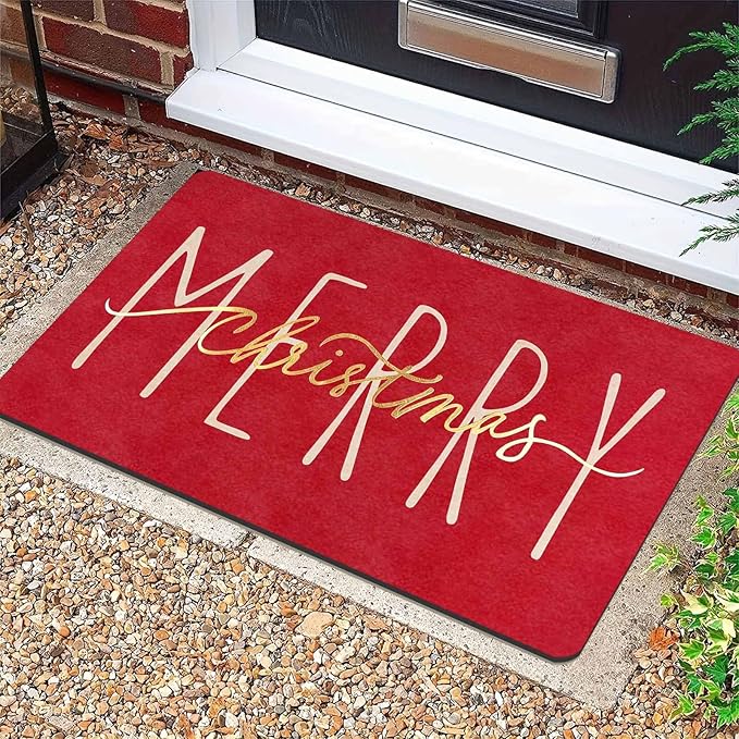 Christmas Door Mat Entrance Front Porch Rugs Red Gold Merry Christmas Doormat Non-Slip Rug Welcome Mat for Entrance Indoor Home Bathroom Floor Decoration, 16" x 24" Inch