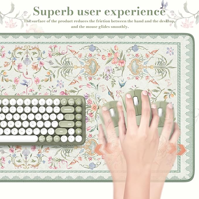 iCasso Desk Cover Mat Green,Extra Large Mouse Pad for Desktop,Anti-Slip Keyboard Pad with Stitched Edges,Cute Floral Computer Mat for Women,Aesthetic Desk Protector for Office Home Dorm