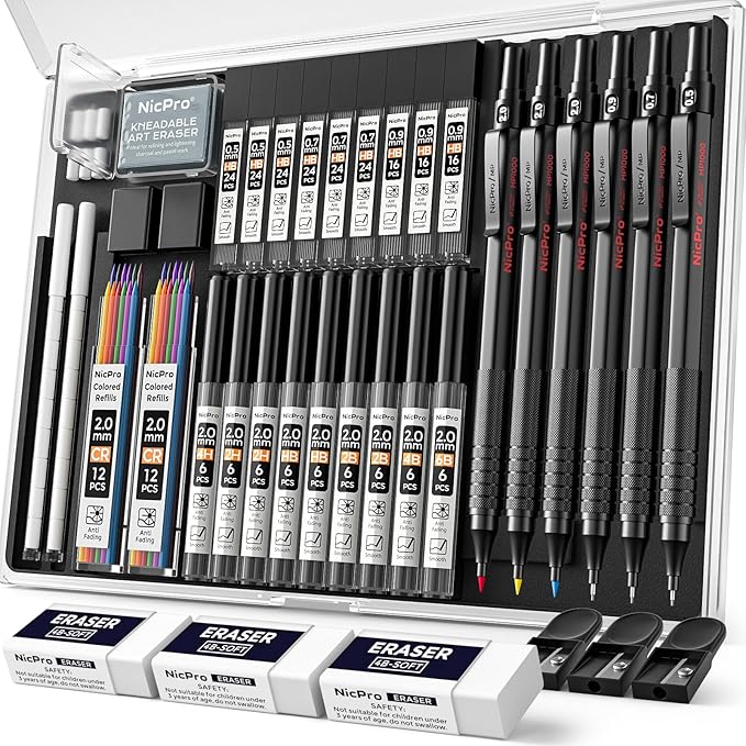 Nicpro 35PCS Black Metal Mechanical Pencils Set in Case, Art Drafting Pencil 0.5, 0.7, 0.9 mm & 3PCS 2mm Graphite Lead Holder for Drawing Sketching With 20 Tube Lead Refills(6B 4B 2B HB 2H 4H Colors)