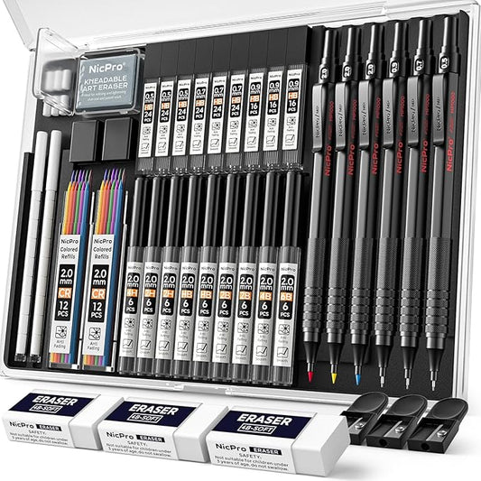Nicpro 35PCS Black Metal Mechanical Pencils Set in Case, Art Drafting Pencil 0.5, 0.7, 0.9 mm & 3PCS 2mm Graphite Lead Holder for Drawing Sketching With 20 Tube Lead Refills(6B 4B 2B HB 2H 4H Colors)
