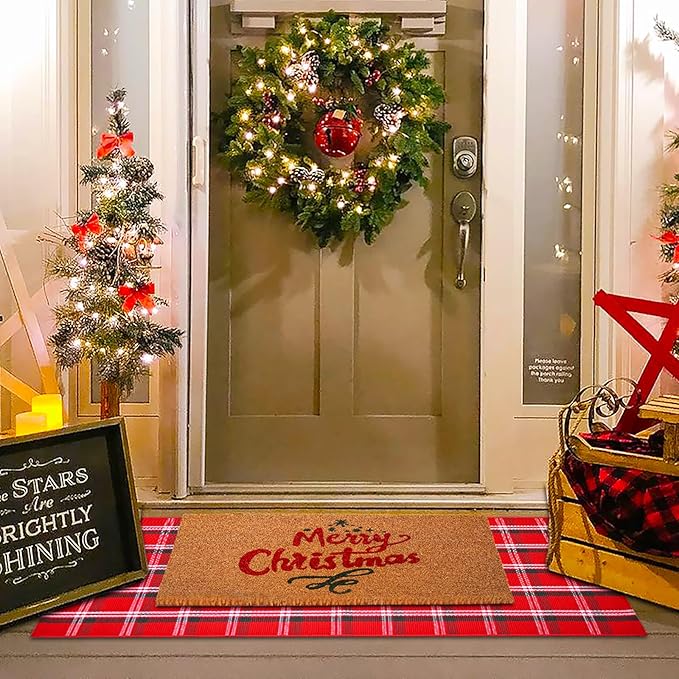 Christmas Red Green White Plaid Rug, 24"x 51" Cotton Hand-Woven Buffalo Check Layered Door Mat for Front Porch, Entryway, Outdoor Holiday Decor, Washable Farmhouse Rug for Home, Patio, Kitchen