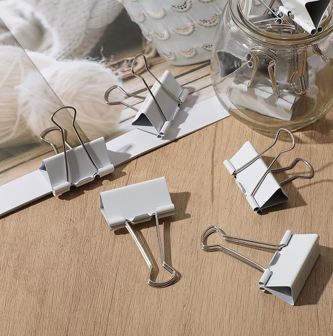 Jetec 200 Pcs 1.6in/41mm Metal White Binder Clips Bulk Medium Reusable Fold Back Binder Clips Paper Clamps Spring Steel Sturdy for Home School Office Supplies