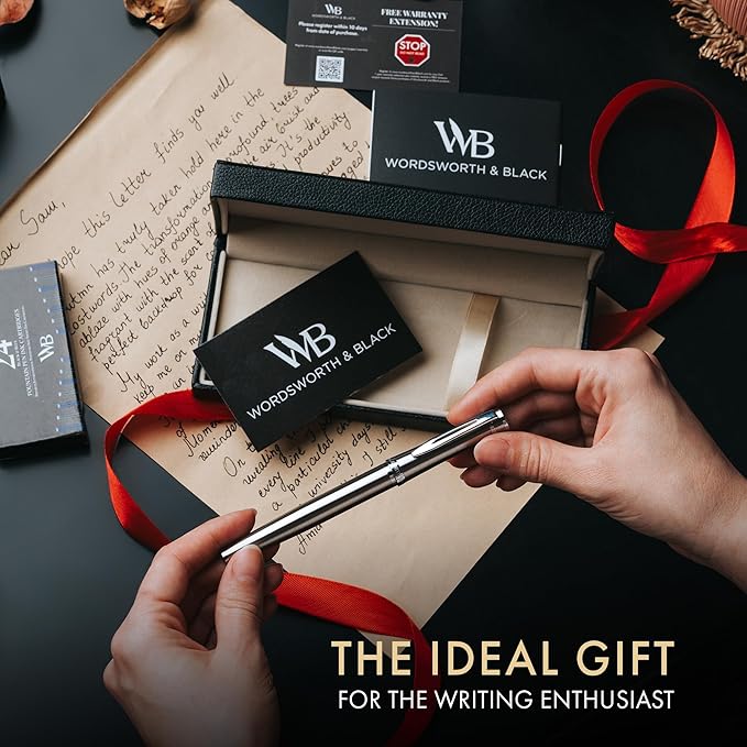 Wordsworth & Black Fountain Pen Set, 18K Gilded Extra Fine Nib, Includes 6 Pack Ink Cartridges, Ink Refill Converter & Gift Box, Chrome Finish, Calligraphy, [Silver Chrome], Perfect for Men & Women