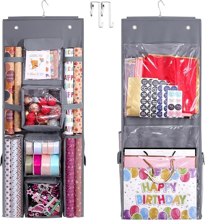 Hanging Gift Wrapping Paper Storage, 40x16 inch Double-Sided Gift Wrap Organizer Christmas Wrapper Paper Container, Heavy Duty Oxford Bag Gift Holder