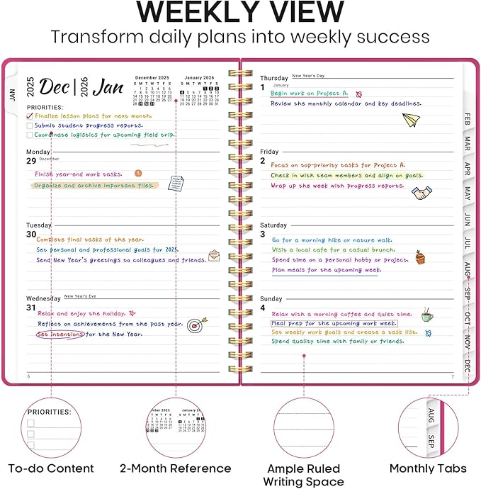 2026 Planner, Weekly and Monthly Calendar Planner Book, January 2026 - December 2026, Hardcover Spiral Planner with Monthly Tabs, Notes Pages, Perfect for Women & Men, A5 (6.4" x 8.5") - Hot Pink