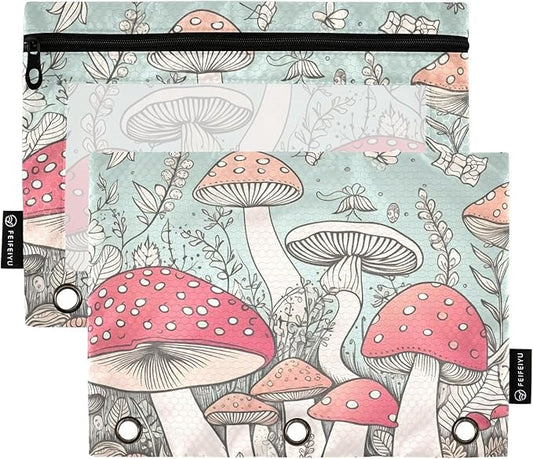 ZAZYXTJ Personalized Mushrooms Binder Pencil Pouchs 3 Ring with Zipper Clear Window Office Organizers bag for School Students Teacher Supplies 2 Pack