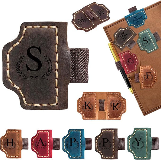Custom Bygone Mark Bookmark with Pen Holder, 26 Letters Name Initial Personalized Magnetic Leather Bookmark, Gifts for Book Lovers, Readers, Travelers, Leather Book Marks (Dark Brown, S)