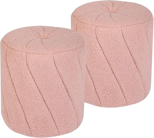 Modern Round Ottoman 2Pcs, Spiral-Tufted Foot Stool Ottoman, Teddy Fleece Upholstered Vanity Stool for Makeup, Bedroom, Living Room, Pink